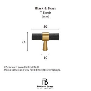 Matte black and brass two-tone cabinet pulls with sleek cylindrical bars and gold accents.