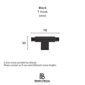 Solid brass T-bar pulls with a smooth black finish and minimalist integrated stems.