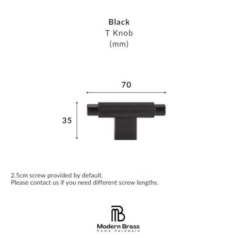 Solid brass T-bar pulls with a smooth black finish and minimalist integrated stems.