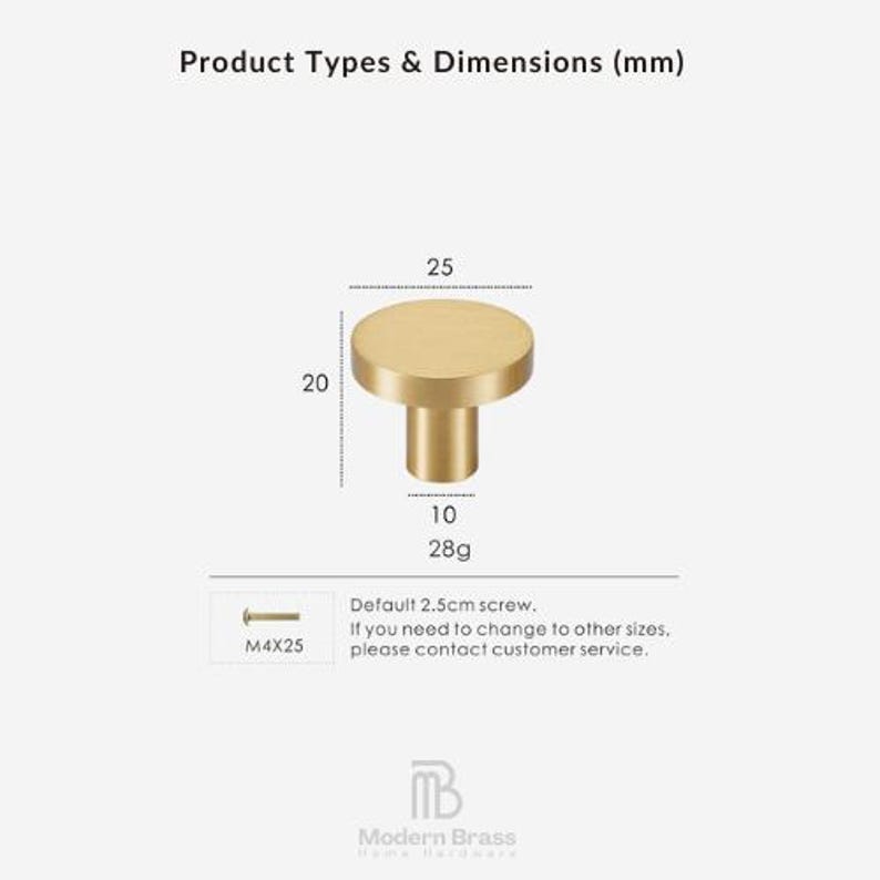 Brushed brass circular cabinet knob featuring a flat top and cylindrical stem for a minimalist look.