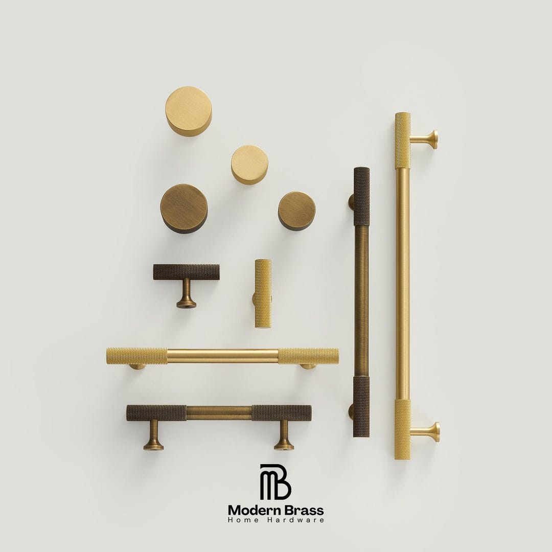 Brushed Antiqued Brass Knurled Pulls, Industrial Modern Cabinet Handles ...