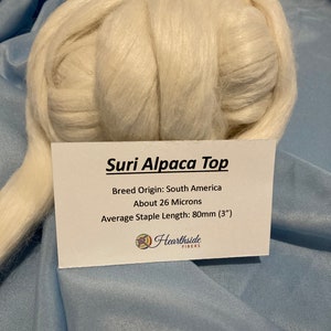 Suri Alpaca Roving, white suri alpaca top, 100 grams of softness
