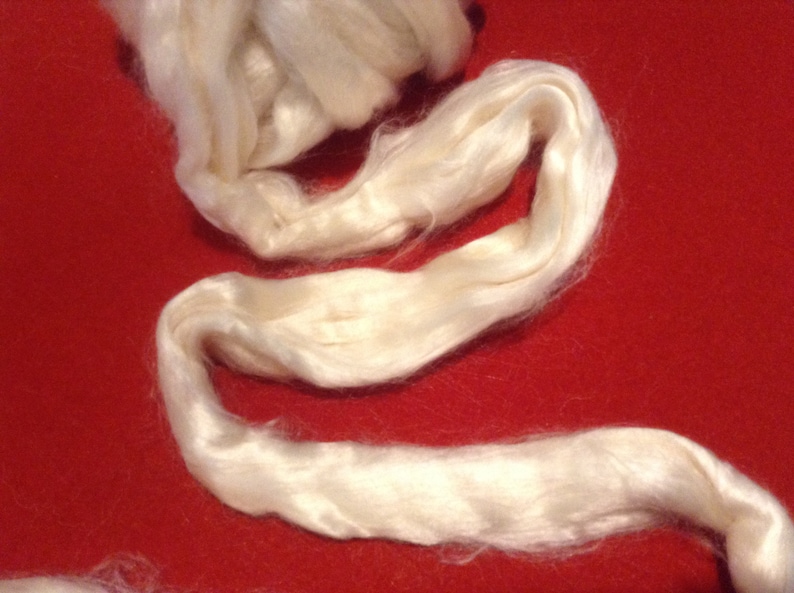 May include: A close-up of a white, fluffy, natural fiber, likely silk or cotton, arranged in a loose, flowing shape against a red background.