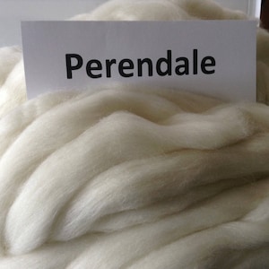May include: A close-up of a white fluffy fiber with a white card that says "Perendale" on it.