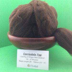 May include: Brown Corriedale wool top from New Zealand. The wool is 24-31 microns and has a staple length of 3.5-6 inches.