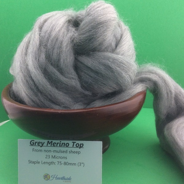 Merino Roving, grey, Natural Grey Merino Top, This is a natural un-dyed Top, 100 grams of 23 micron Merino, great for spinning or felting