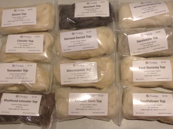 12 breed English Wool Top Sampler Pack - 12 wool samples (25 grams each) of English breeds of sheep