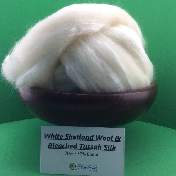 Shetland Silk Roving, 70 percent White Shetland Wool and 30 percent Bleached Tussah Silk Top, great for spinning and dyeing