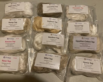 Plant Based Fiber Top Sampler Pack, Vegan assortment - great to try spinning different fibers, includes bamboo, mint, rose and 9 more types