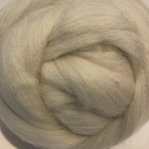 May include: A close-up of a bundle of light gray wool roving. The wool is soft and fluffy, and it is perfect for felting or spinning.