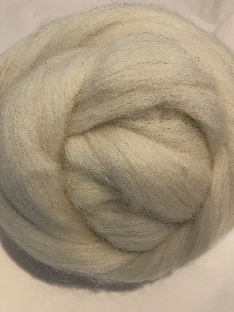 May include: A close-up of a bundle of light gray wool roving. The wool is soft and fluffy, and it is perfect for felting or spinning.