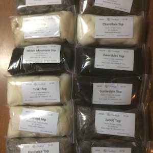 Wool international Sampler 12 Pack, 12 breeds of wool top, fiber samples (25 grams each) from the around the world