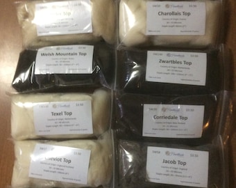 Wool international Sampler 12 Pack, 12 breeds of wool top, fiber samples (25 grams each) from the around the world