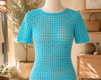 Patroon gehaakte top met mesh pdf | Haakpatroon zomertrui met korte mouwen | Boho-top voor gevorderden voor gevorderden (maten XS-5XL)