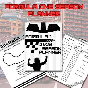 May include: A Formula 1 2026 season planner with a black and white checkered flag design and a silhouette of a person celebrating. Includes race details for Australia and Miami, with track layouts and race results.