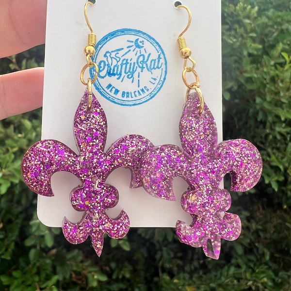 Geaux Tigers Fleur De Lis Resin Purple and Gold Earrings