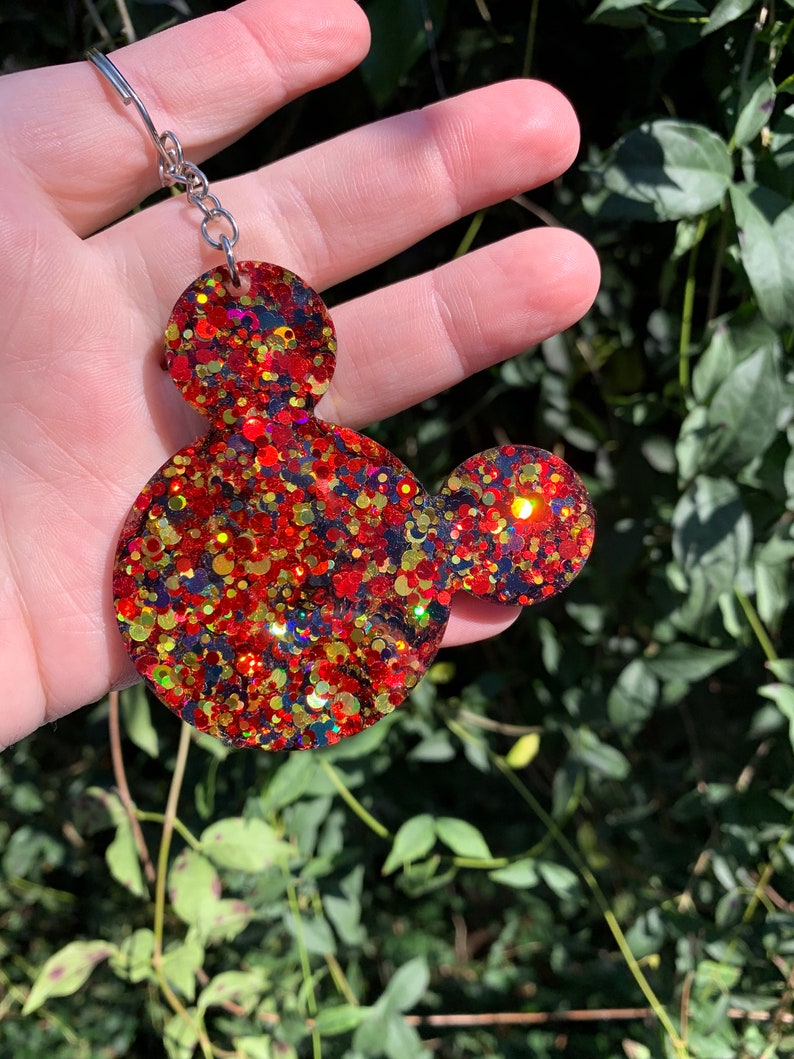 Glitter Moused Shaped Resin Keychain Red Black and Gold