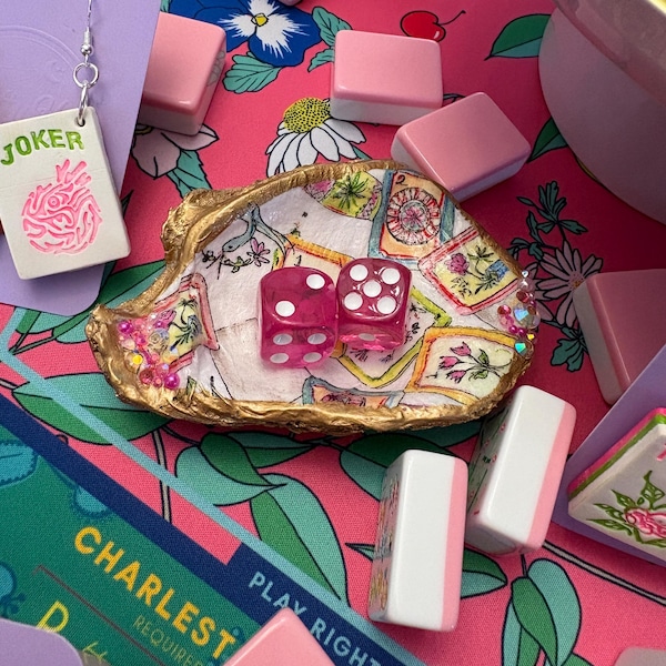 Mahjong Tile Decoupage Recycled Oyster Shell Dice Tray