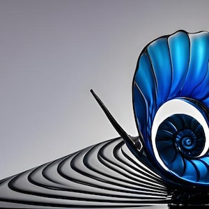 May include: A striking sculpture featuring a stylized nautilus shell in vibrant blue, with a contrasting black, layered base. The shell's spiral interior is highlighted with white, creating a captivating visual effect. The sculpture is a decorative art piece.