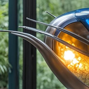May include: A contemporary sculpture with a polished metallic finish. It features curved, elongated elements and a central, illuminated orb with a textured surface. The top portion has a blue reflective surface.