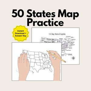USA States and Capitals Blank Map Practice with Answer Key (Digital Download)