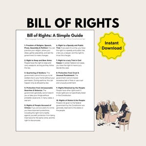 May include: A document titled Bill of Rights: A Simple Guide featuring ten numbered points explaining constitutional rights. The text includes a yellow starburst graphic labelled Instant Download and an illustration of historical figures at a table.