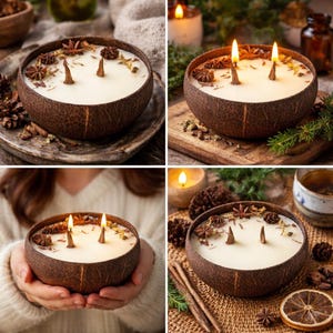 May include: A coconut shell candle with three wicks, filled with white wax and decorated with star anise and other botanicals. The candle is lit, with flames visible. The candle sits on a wooden surface, surrounded by other decorative elements.