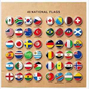 May include: A tan rectangular sheet featuring 48 circular national flag stickers arranged in eight rows and six columns. The text 48 NATIONAL FLAGS is printed at the top, with individual country names labelled in black text beneath each circular flag.