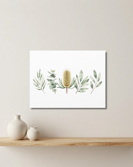 Minimalist Australian Botanical Wall Art – Banksia & Eucalyptus Canvas Print, Neutral Green Nature Illustration, Modern Calm Home Decor