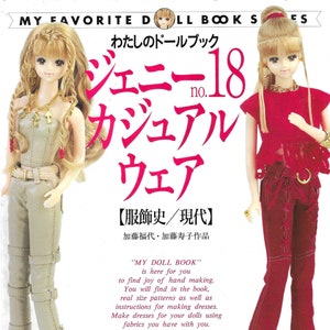 May include: A book cover featuring two dolls, one in a red top and jeans, and the other in a brown top and trousers. The book title is "Jenny 18 Casual Wear" and the text "My Favourite Doll Book" is also visible.