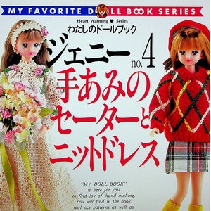 May include: A book cover with a red and white checkered pattern. The book is titled "Jenny No. 4 Hand-Knit Sweater and Knit Dress" in Japanese. The book cover features two dolls wearing knitted clothing.