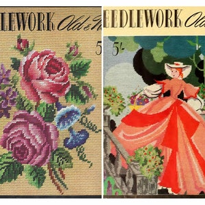 Op de afbeelding: Twee vintage borduurpatronen uit een tijdschrift. Het eerste patroon toont een boeket van roze en paarse rozen met groene bladeren. Het tweede patroon toont een vrouw in een rode jurk die een pad afloopt met een mand vol bloemen.
