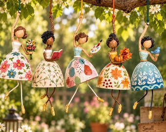 Vintage Hanging Doll Figurines, Dancing Girl Ornament, Cottagecore Garden Decor, Whimsical Boho Home Accent, Housewarming Gift.