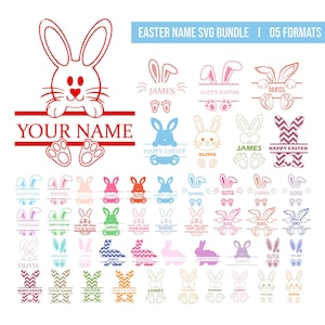 Op de afbeelding: Een Easter Name SVG Bundle met 05 formaten. De ontwerpen bevatten verschillende konijnenillustraties met aanpasbare naamsecties. Het kleurenpalet omvat roze, blauw, groen en oranje. De tekst bevat "YOUR NAME", "JAMES", "OLIVIA", "DANIEL" en "HAPPY EASTER".