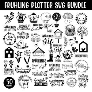 Puede incluir: Paquete SVG en blanco y negro con 50 diseños. Incluye ilustraciones de primavera como una regadera, oveja, pajarera y coronas florales. Los elementos de texto incluyen "Hello Spring" y "Frühlings".