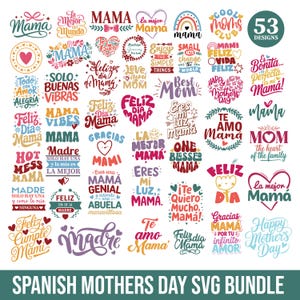 Puede incluir: Un conjunto de 53 diseños SVG para el Día de la Madre en español. Los diseños presentan varias frases como "Mama", "Best Mom" y "Happy Mother's Day" en fuentes coloridas. Las palabras están en una variedad de estilos, con corazones y acentos florales.