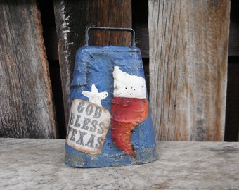 Hand Painted Primitive Cowbell - God Bless Texas