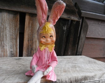 Rare Vintage Saiki & Co. Japan - Poseable Pixie Easter Bunny Elf Doll - Smiling Rubber Face - Knee Hugger