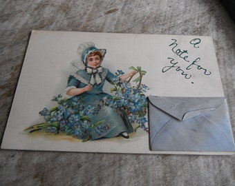 Unique Antique Victorian Postcard with a Tiny Handwritten Note in Envelope - A Note For You