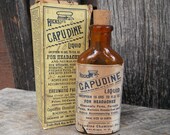Antique Amber Medicine Bottle with Box - Hick 39 s Capudine - Headache Liquid