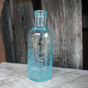 May include: A vintage, light blue glass bottle with the text "LYNX" embossed on the side. The bottle has a rounded bottom and a narrow neck.
