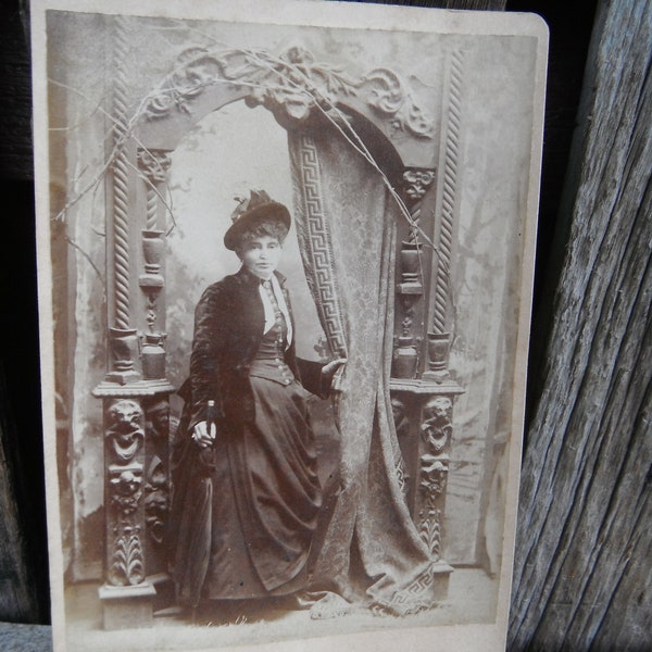 Lovely Victorian Cabinet Card Photo - Elegant Lady With Parasol - Gothic Backdrop