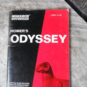 May include: A Monarch Notes and Study Guides book titled Homer's Odyssey. The cover features a split black and red design with white text and a graphic illustration of a ram's head in black. The text reads Monarch Notes and Study Guides.