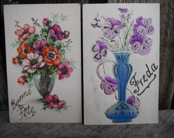 Pair Of Antique Personalized Glitter Postcards - Vases of Flowers