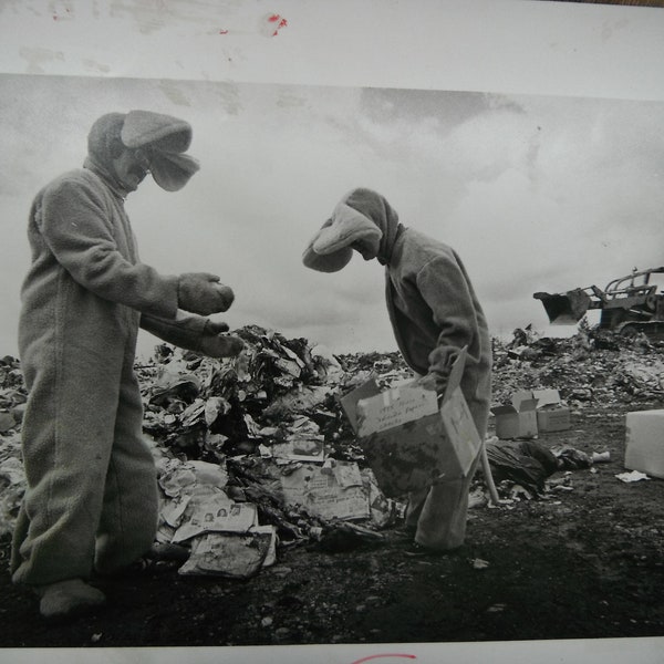 Odd Vintage Woodenville WV Press Photo - Romp for Recycling - Dressed Rats Digging in Trash - Identified