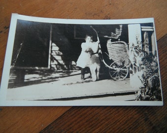 Vintage Snapshot Photo - Little Girl on Porch with Large Teddy Bear and Carriage