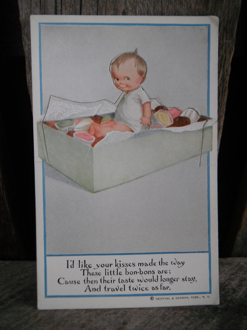 Fold Out Kewpie Baby Postcard Vintage Reinthal Newman Baby in Box of Bon-Bons Standing