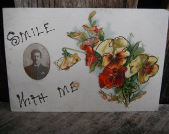 Antique Victorian Postcard - Pansies and Small Male Photo Insert - Smile With Me