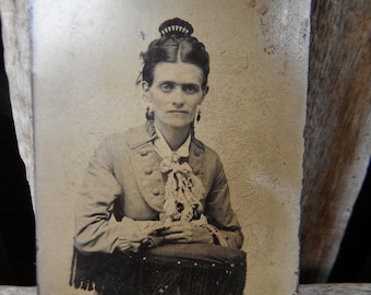 Tintype Photo - Lady Wearing Large Hair Comb