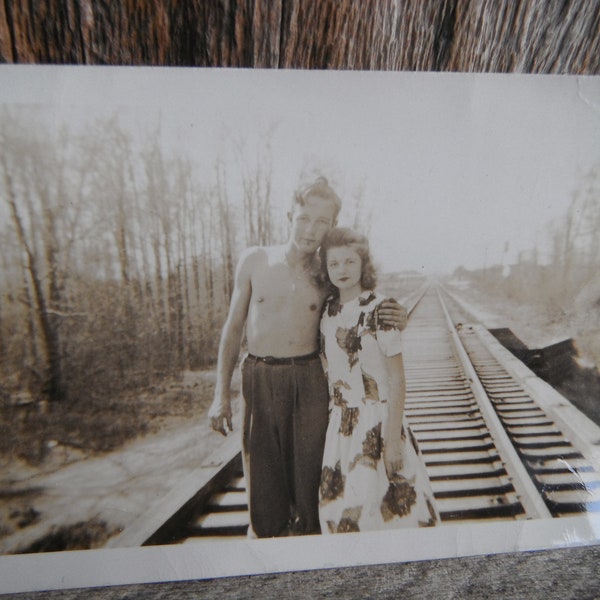 Vintage Snapshot Photo - Young Romantic Couple on Train Tracks